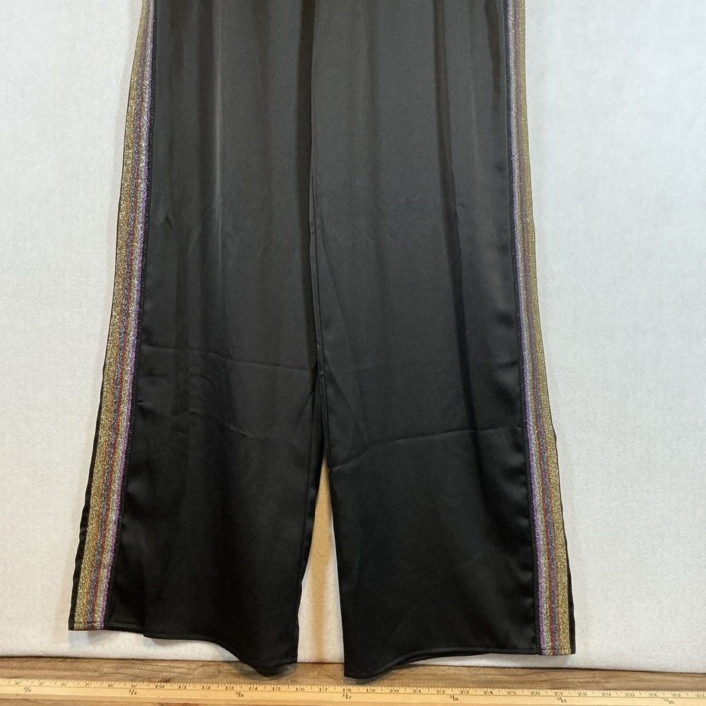 Wide Leg Pants Women Size M Black Rainbow Metallic Side Stripe Satin Chic - Picture 2 of 7
